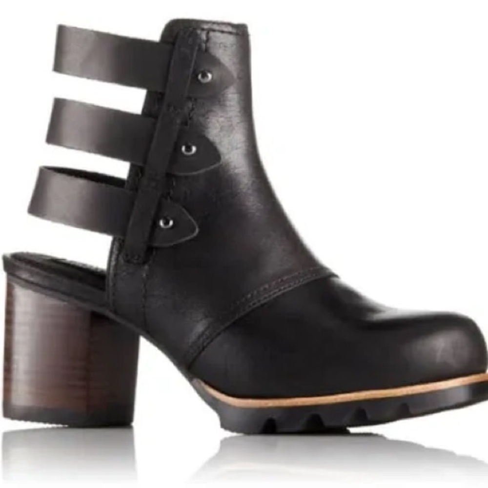 Sorel Addington Bootie Cutout Leather Block Heeled Strappy Black Bootie